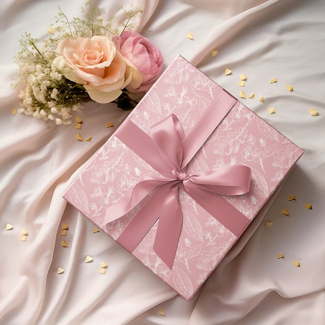 Papier Cadeau Motif Floral Feuille Blanc Sur Peach Blush Rose (Créateur téléchargé)