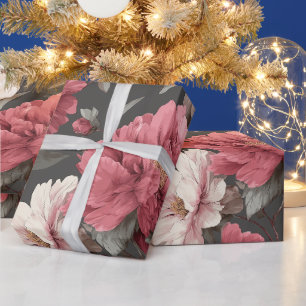 Papier Cadeau Motif floral gris rose poudrée romantique