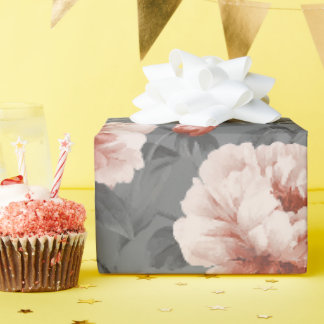 Papier Cadeau Motif floral gris rose poudrée romantique de pivoi