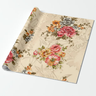 Papier Cadeau Motif floral incomparable avec fleurs et crème ba