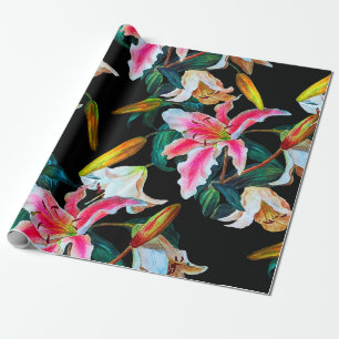 Papier Cadeau Motif floral incomparable. Lys blanc et rose sur u