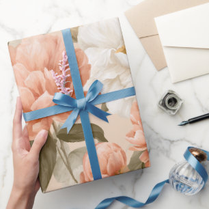 Papier Cadeau Motif floral ivoire de pivoine pêche romantique