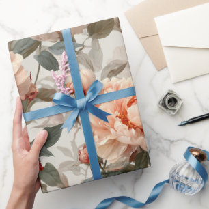 Papier Cadeau Motif floral ivoire pêche romantique