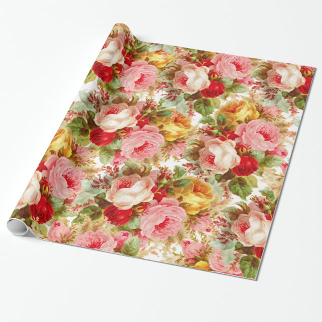 Papier Cadeau Motif floral jaune rose de roses rouges de (Déroulé)