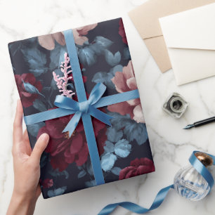 Papier Cadeau Motif floral marine rose burgundy élégant