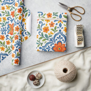 Papier Cadeau Motif floral méditerranéen ethnique classique