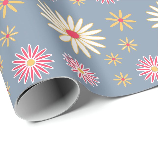 Papier Cadeau Motif floral Moderne Bleu clair Anniversaire (Coin rond)