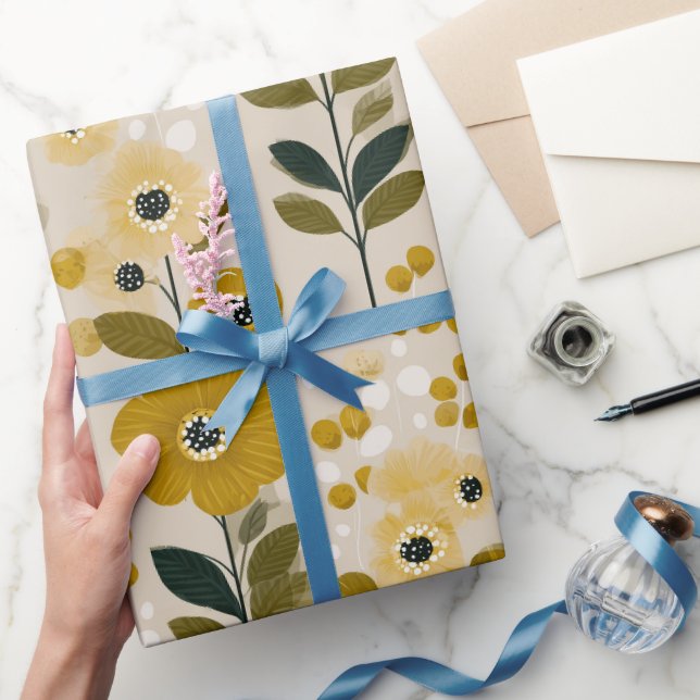 Papier Cadeau Motif floral moutarde fleuri ton chaud rétro (Cadeaux)