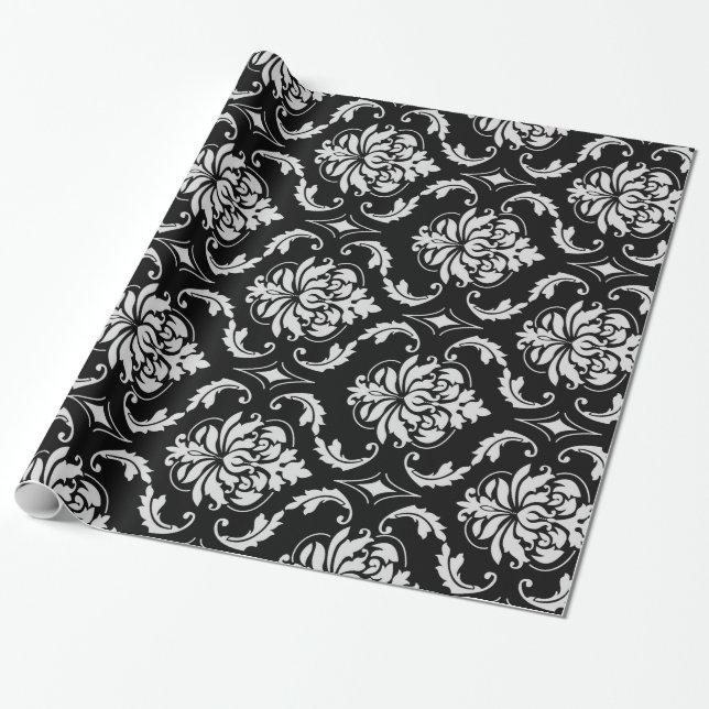 Papier Cadeau Motif floral noir et blanc classique de damassé (Déroulé)