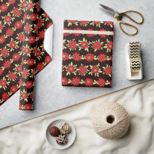 Papier Cadeau Motif floral noir et rouge