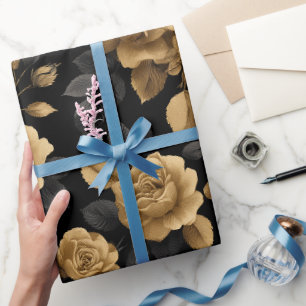 Papier Cadeau Motif floral noir Rose avec accent doré élégant