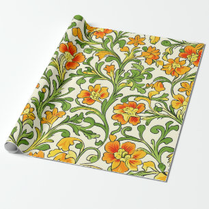 Papier Cadeau Motif floral orange et jaune Art Nouveau