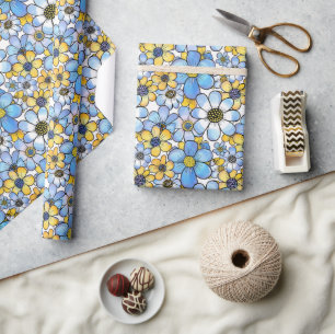 Papier Cadeau Motif floral rétro jouable, bleu doux et jaune