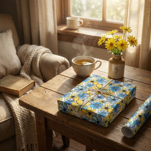Papier Cadeau Motif floral rétro jouable, bleu doux et jaune