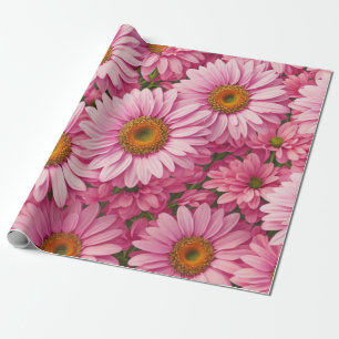 Papier Cadeau Motif floral rétro rose avec des marguerites