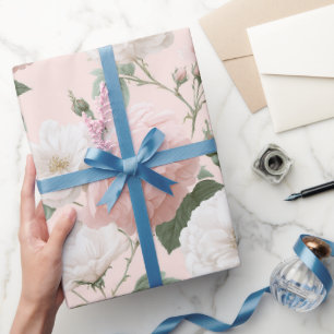 Papier Cadeau Motif floral rose blanche rose tendre douce