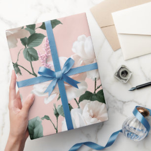 Papier Cadeau Motif floral rose blanche rose tendre doux