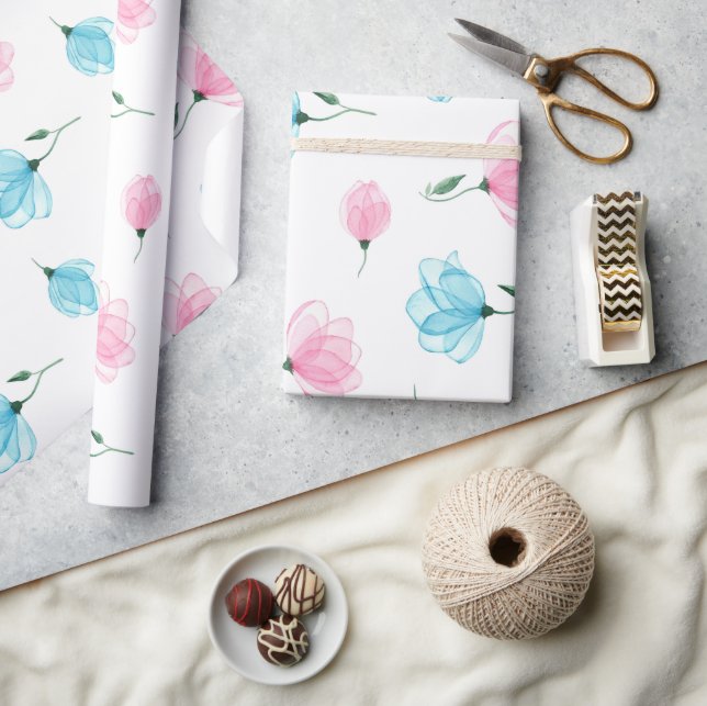 Papier Cadeau Motif floral rose bleu élégant (Artisanat)