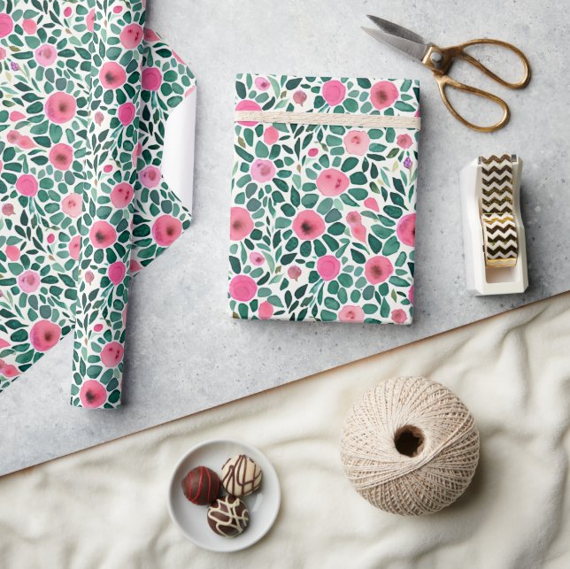 Papier Cadeau Motif floral rose et vert (Artisanat)