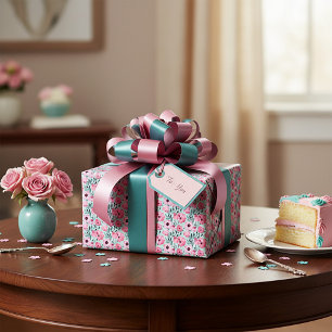 Papier Cadeau Motif floral rose et vert aquarelle