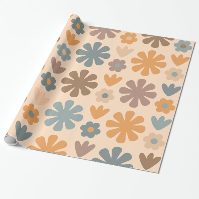Papier Cadeau Motif floral rustique rétro scandinave joyeux (Déroulé)