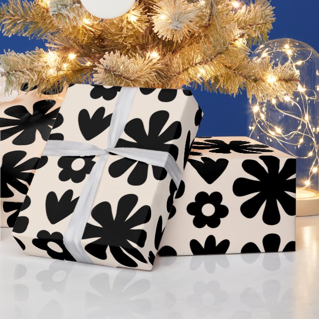 Papier Cadeau Motif floral scandinave rétro noir & crème (Vacances)