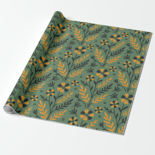 Papier Cadeau Motif floral stylisé orange et noir