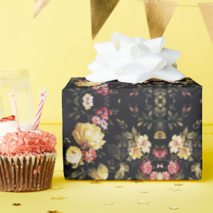 Papier Cadeau motif floral sur fond noir