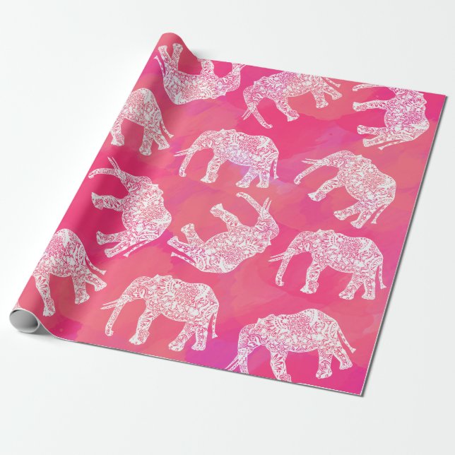 Papier Cadeau motif floral tribal coloré rose girly d'éléphant (Déroulé)