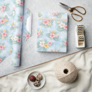 Papier Cadeau Motif floral tropical sur fond bleu clair