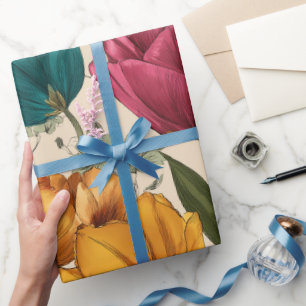 Papier Cadeau Motif Floral Tulipe Multicolore de Style Jardin en