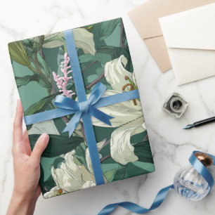 Papier Cadeau Motif floral vert lis blanc classique