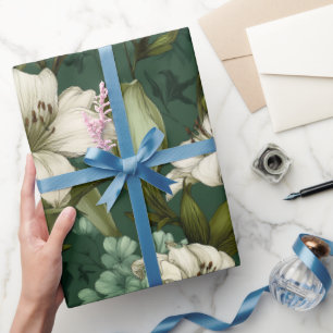Papier Cadeau Motif floral vert lis blanc classique