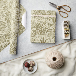 Papier Cadeau Motif Floral Vert Sage Antique Damas