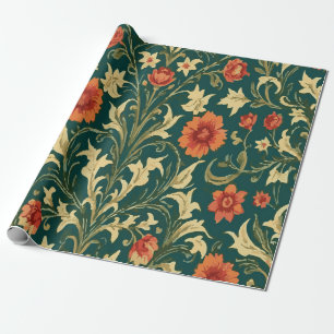 Papier Cadeau Motif floral vintage orange et jaune sur fond vert