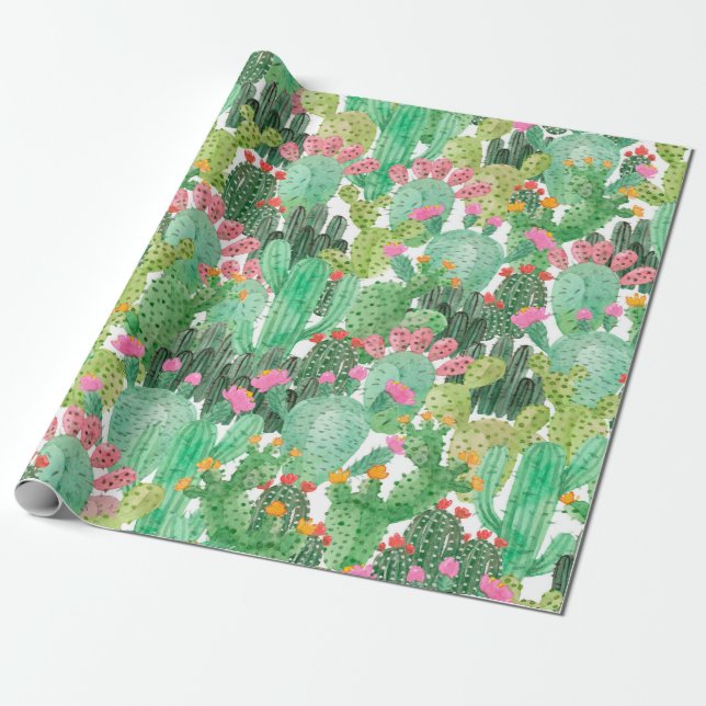 Papier Cadeau Motif fluide cactus aquarelle (Déroulé)