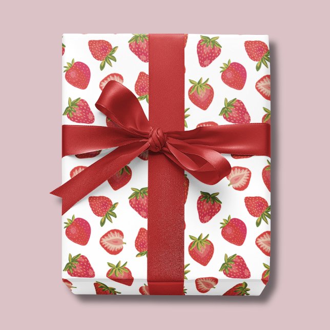 Papier Cadeau Motif Fraise d'Été (Strawberry Wrapping Paper roll. Also available in rolls. Perfect for girls birthday & baby shower)