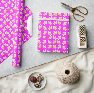 Papier Cadeau Motif Frangipani Rose Chaud Et Jaune,