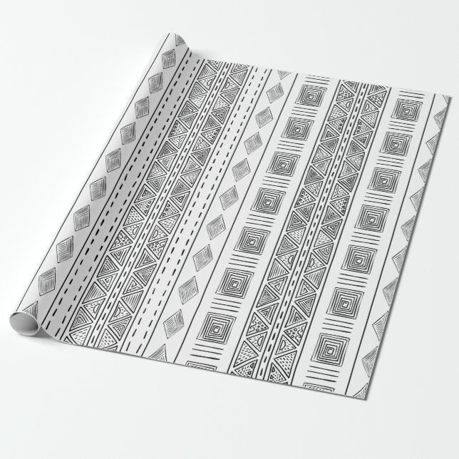 Papier Cadeau Motif géométrique blanc tribal inspiré de la toile (Déroulé)