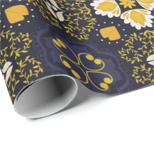 Papier Cadeau Motif géométrique complexe avec fond bleu foncé 