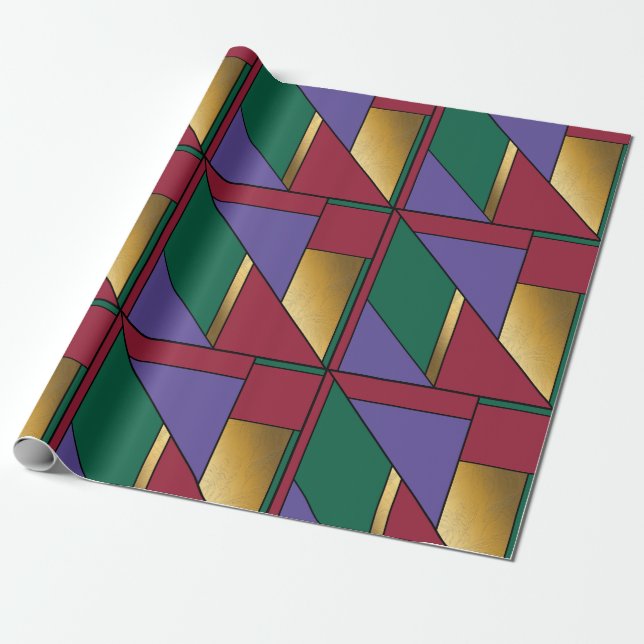 Papier Cadeau Motif géométrique Gold violet vert rouge (Déroulé)
