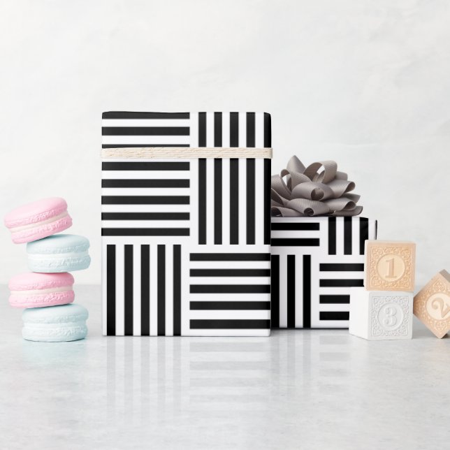 Papier Cadeau Motif géométrique rayé noir et blanc (Baby Shower)