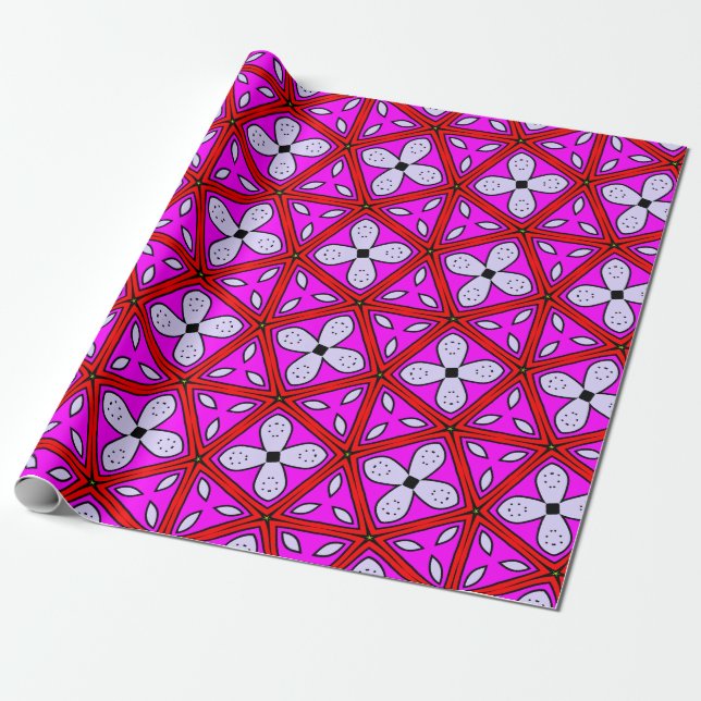 Papier Cadeau Motif géométrique rose, rouge, noir et blanc (Déroulé)