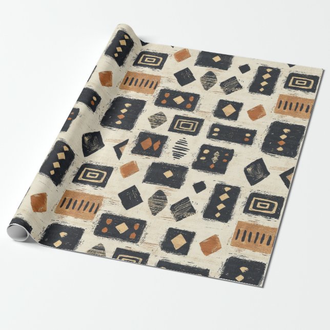 Papier Cadeau Motif géométrique rustique en boue de Mali (2) (Déroulé)