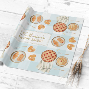 Papier Cadeau Motif Gingham Pâtisseries Aquarelle Boulangerie Pâ