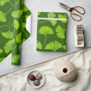 Papier Cadeau Motif Ginkgo sur vert foncé