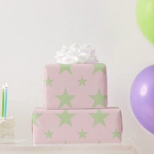 Papier Cadeau Motif girly céleste étoiles roses et vertes pastel