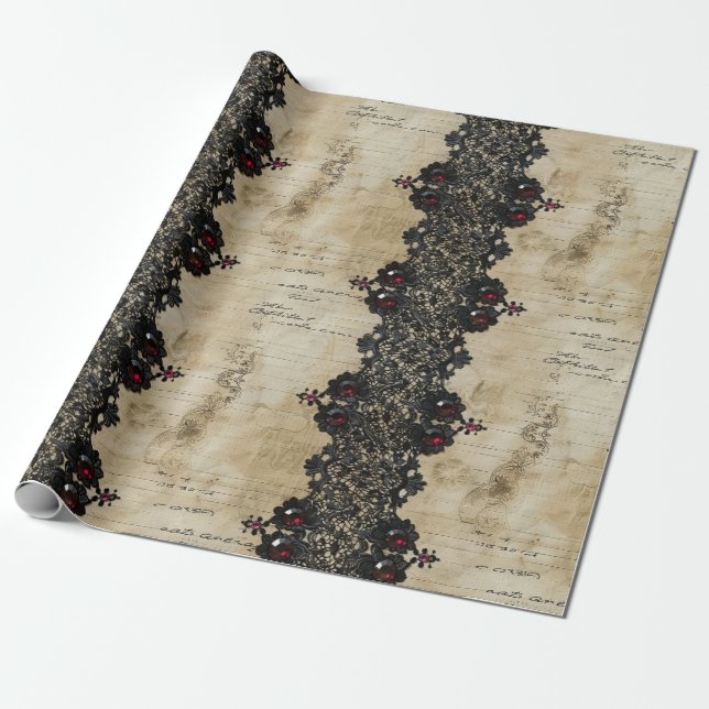 Papier Cadeau Motif gothique en dentelle rubis victorien (4) (Déroulé)