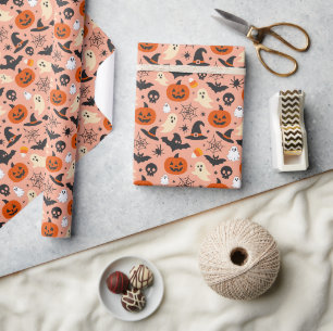 Papier Cadeau Motif Halloween Orange Noir Saison Festif Épouvant