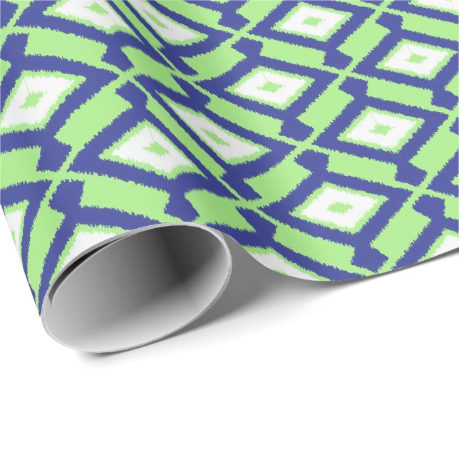 Papier Cadeau Motif Ikat - Vert, Indigo Bleu et Blanc (Coin rond)
